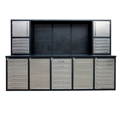 Garage Organization ha realizzato un semplice banco di lavoro pesante e armadi utensili con pegboard