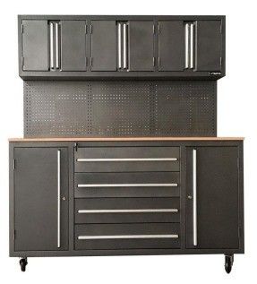 Scatola utensili a rullo con maniglie in alluminio con bancone in legno e rivestimento per cassetti in schiuma EVA