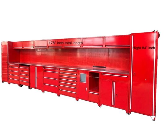 Gabinetto da garage a combinazione personalizzabile con cassetti a cassetti e cassetta degli attrezzi a rulli rossi