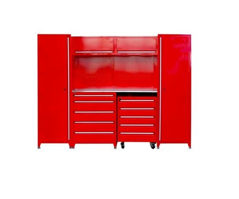 Gabinetto da garage a combinazione personalizzabile con cassetti a cassetti e cassetta degli attrezzi a rulli rossi