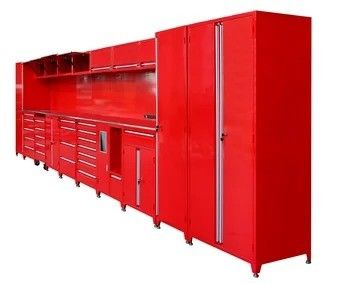 Gabinetto da garage a combinazione personalizzabile con cassetti a cassetti e cassetta degli attrezzi a rulli rossi